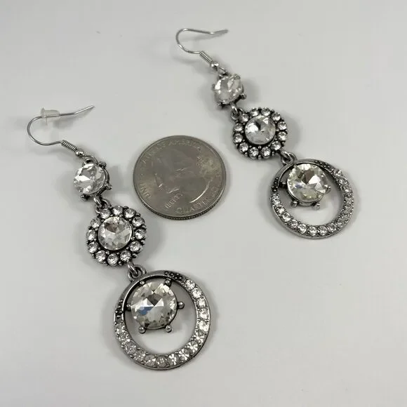 Silver Tone Boho Dangle Earrings White Glass Halo Round Rhinestones Bling - Picture 5 of 7